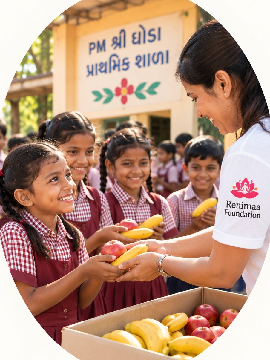 A Renimaa Foundation volunteer personally handing fruit to a smiling schoolgirl