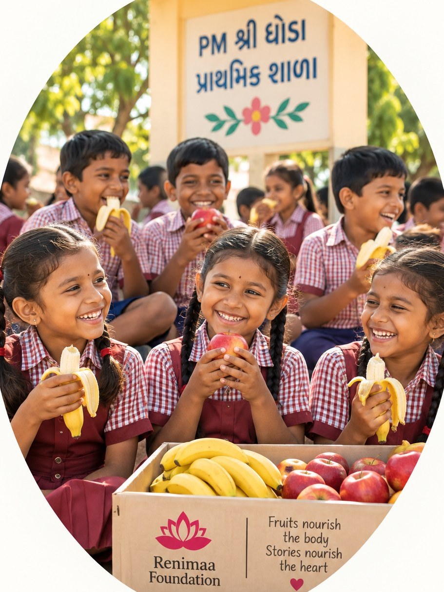 Smiling children at PM SHRI Ghoda Primary School enjoying bananas and apples together from a Renimaa Foundation fruit box