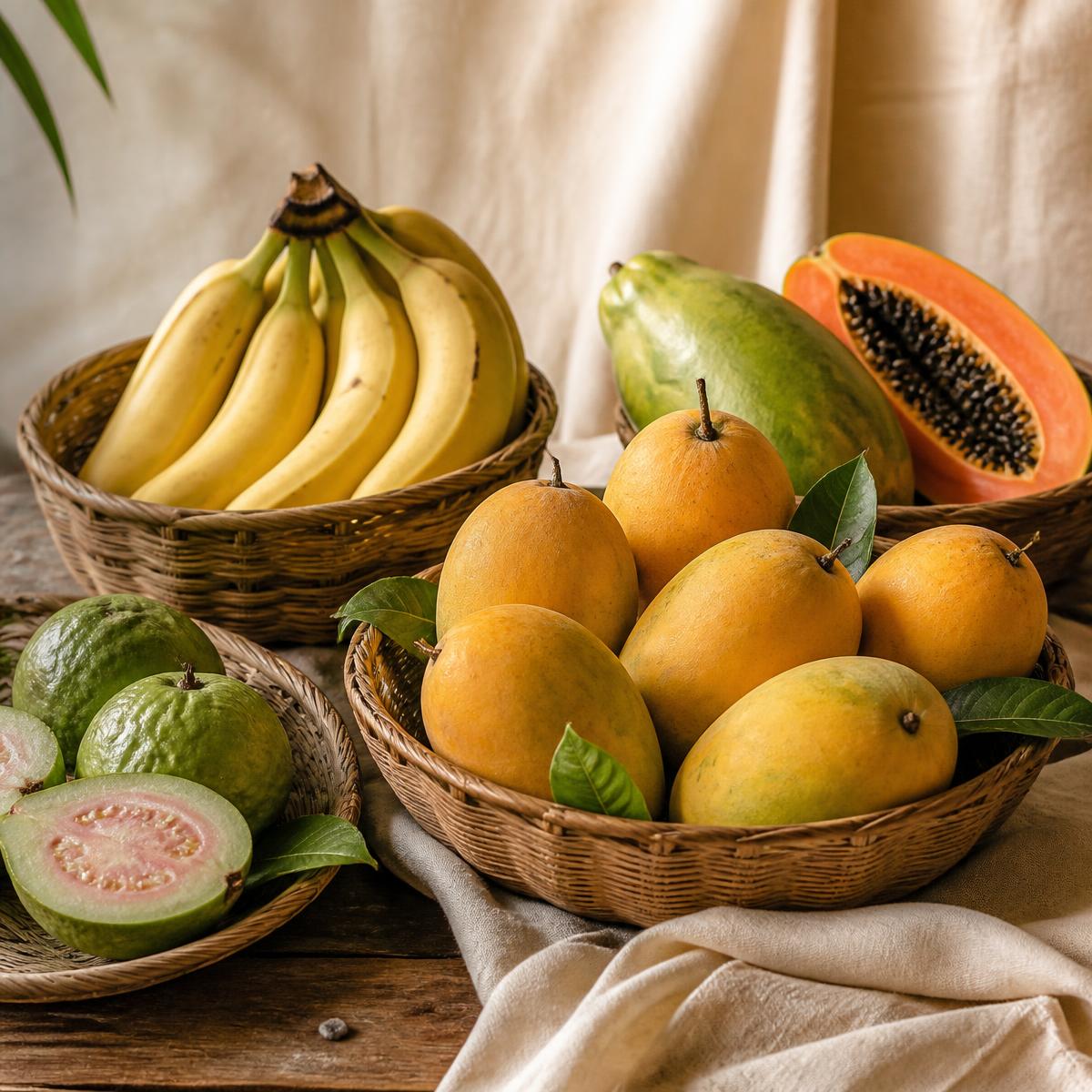 Baskets of fresh seasonal mangoes, bananas, guavas and papaya