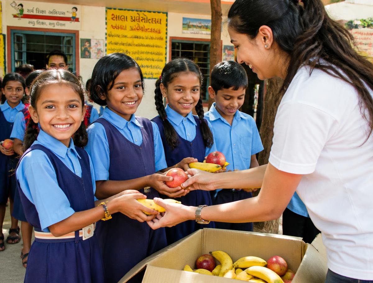 A volunteer handing bananas and apples to smiling schoolchildren in Gujarat