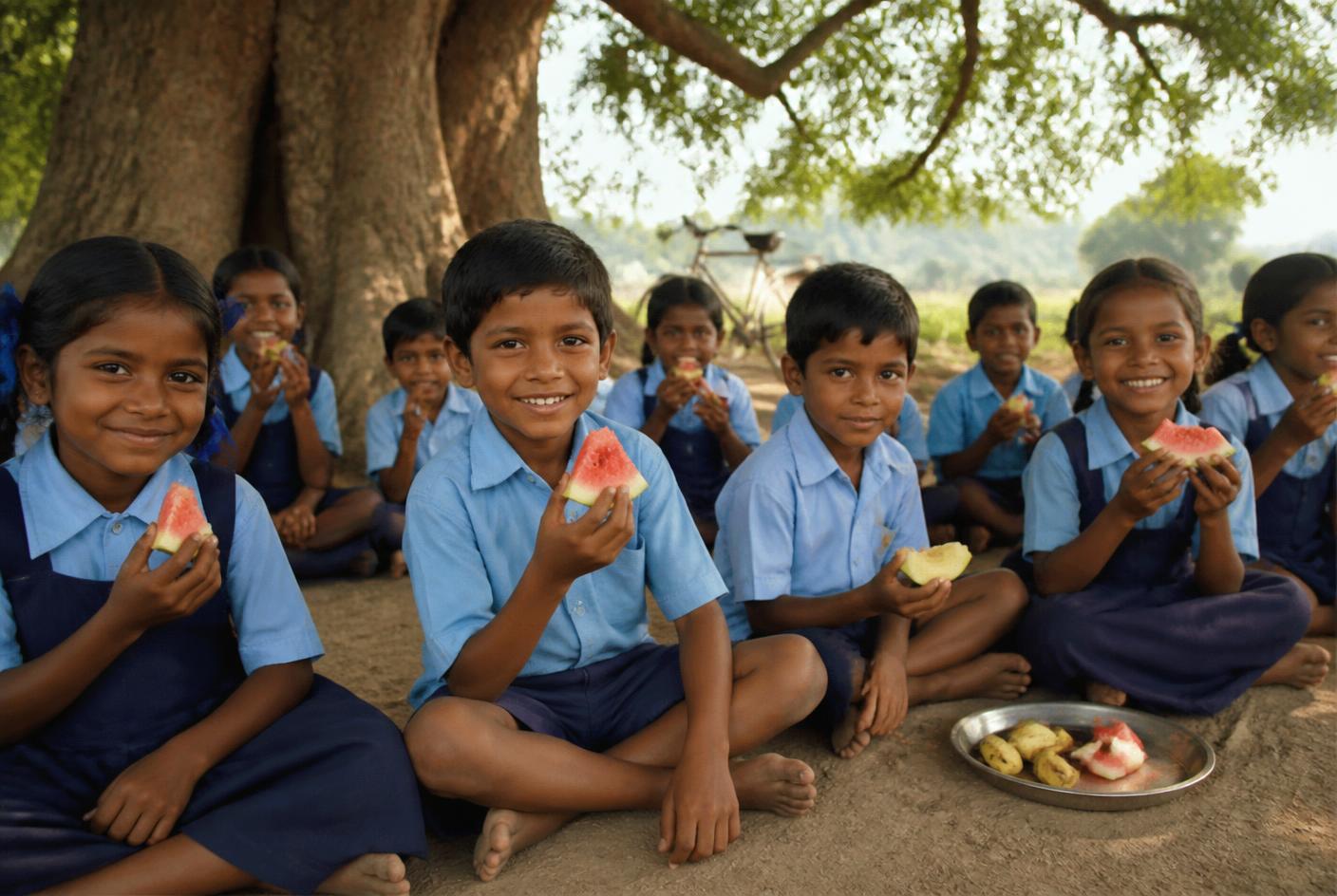 Schoolchildren sitting together under a tree sharing fresh fruit